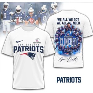 New England Patriots 2025 Playoff Clinched Team Photo Graphic We All We Got T Shirt