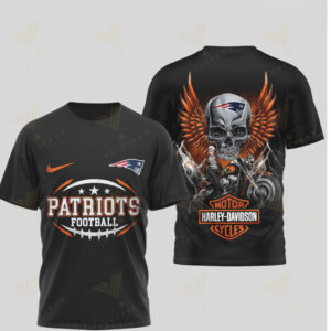 New England Patriots Harley Davidson Skull Biker Style Football Fan Heritage T Shirt