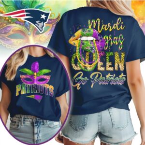 New England Patriots Mardi Gras Queen Shirt Mask Beads Purple Gold Festival Apparel T Shirt