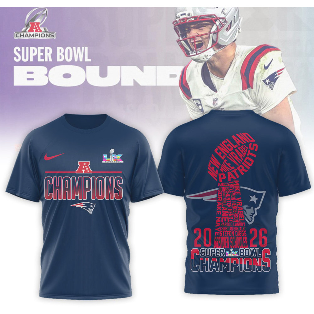 New England Patriots Super Bowl LIX Bound AFC Champions Roster Typography T Shirt New England Patriots Super Bowl LIX Bound AFC Champions Roster Typography T Shirt