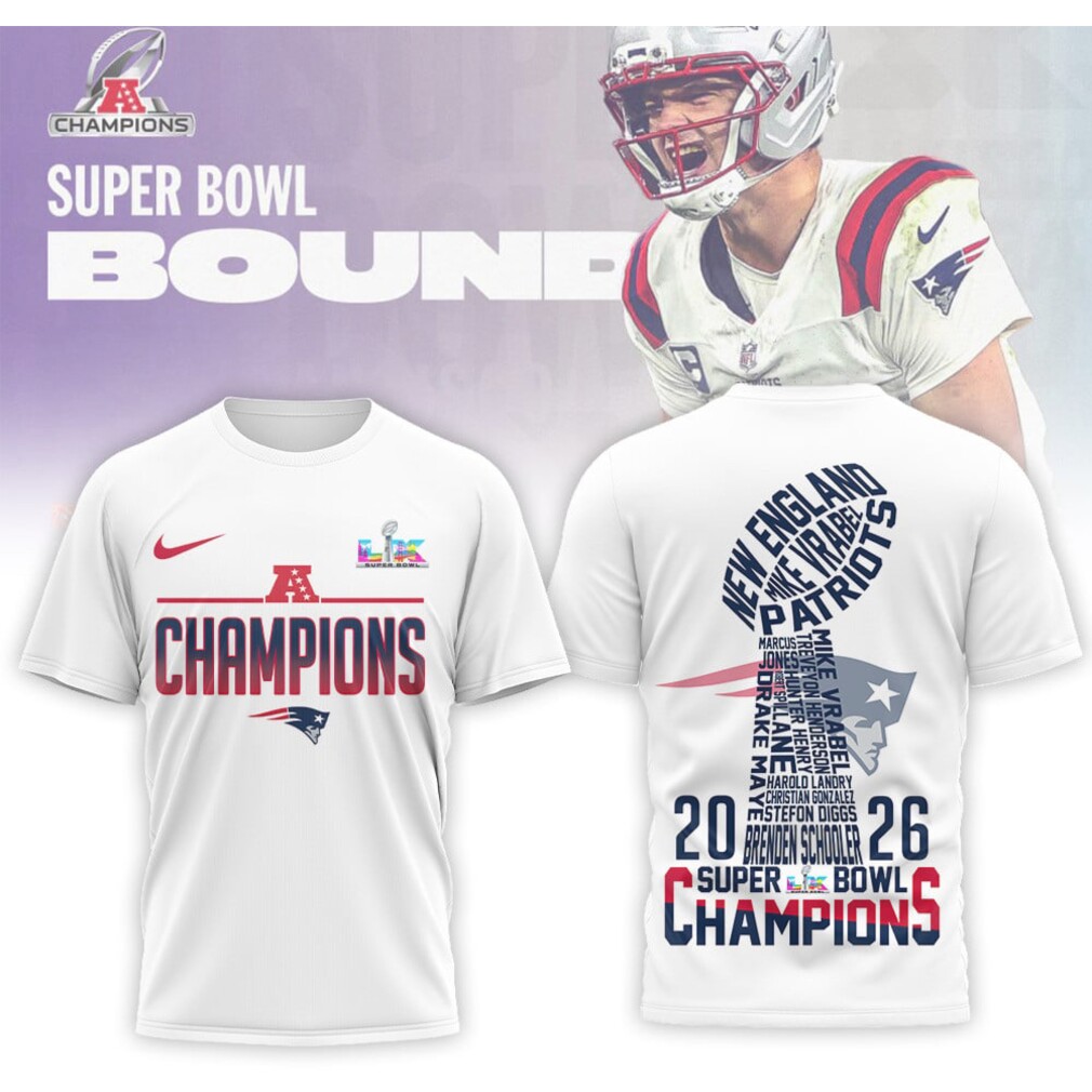 New England Patriots Super Bowl LIX Bound AFC Champions Roster Typography T Shirt New England Patriots Super Bowl LIX Bound AFC Champions Roster Typography T Shirt