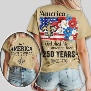 New Orleans Saints America 250 Years 1776 2026 Patriotic Floral Football Fan Shirt