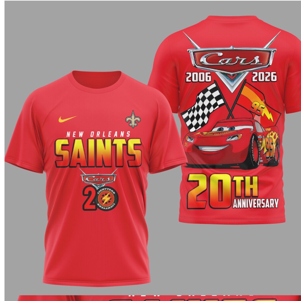 New Orleans Saints Disney Cars 20th Anniversary Red Racing Graphic Lightning McQueen T Shirt New Orleans Saints Disney Cars 20th Anniversary Red Racing Graphic Lightning McQueen T Shirt