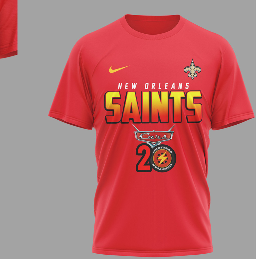 New Orleans Saints Disney Cars 20th Anniversary Red Racing Graphic Lightning McQueen T Shirt New Orleans Saints Disney Cars 20th Anniversary Red Racing Graphic Lightning McQueen T Shirt