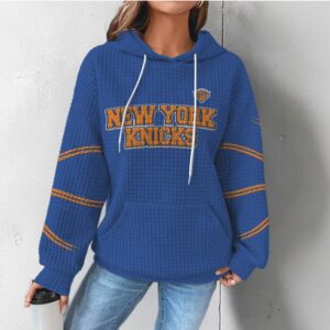 New York Knicks Blue Waffle Knit Hoodie Vintage Style NBA Fan Game Gear Hoodie