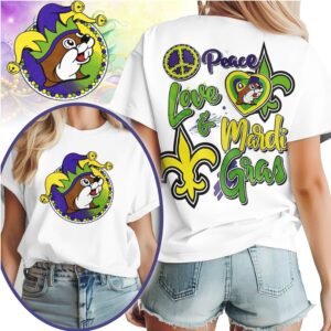 Peace Love Mardi Gras Beaver Jester Graphic T Shirt Festive New Orleans Party Apparel Peace Love Mardi Gras Beaver Jester Graphic T Shirt Festive New Orleans Party Apparel
