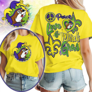 Peace Love Mardi Gras Beaver Jester Graphic T Shirt Festive New Orleans Party Apparel