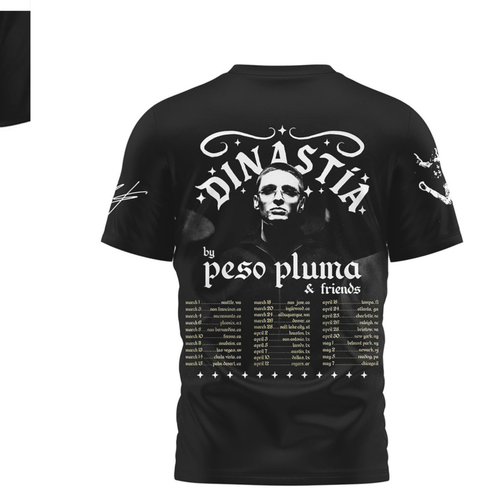 Peso Pluma Dinastia & Friends World Tour 2026 Black Graphic Rap Tee Peso Pluma Dinastia & Friends World Tour 2026 Black Graphic Rap Tee