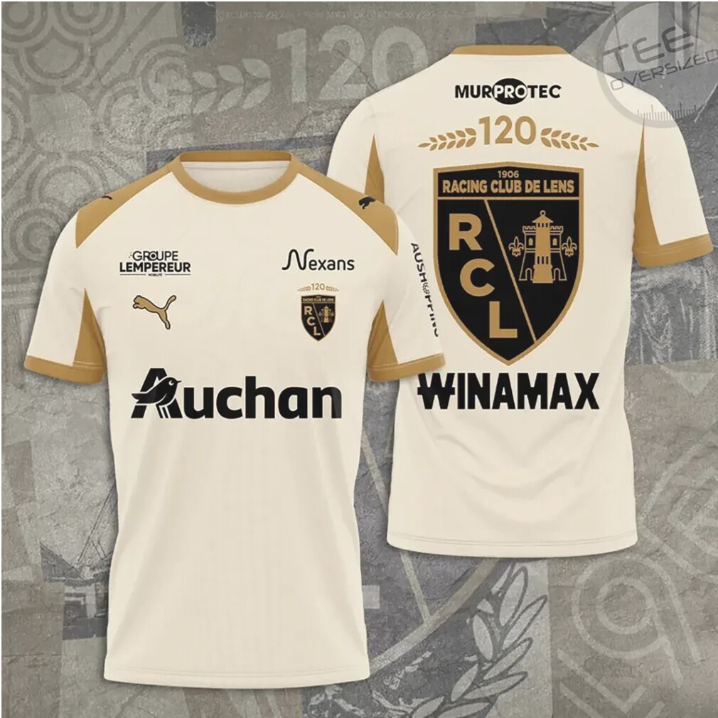 Racing Club De Lens 120th Anniversary Heritage Cream Gold Soccer Graphic T Shirt Racing Club De Lens 120th Anniversary Heritage Cream Gold Soccer Graphic T Shirt