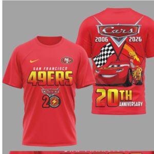 San Francisco 49ers Disney Cars 20th Anniversary Red Graphic Lightning McQueen Racing T Shirt