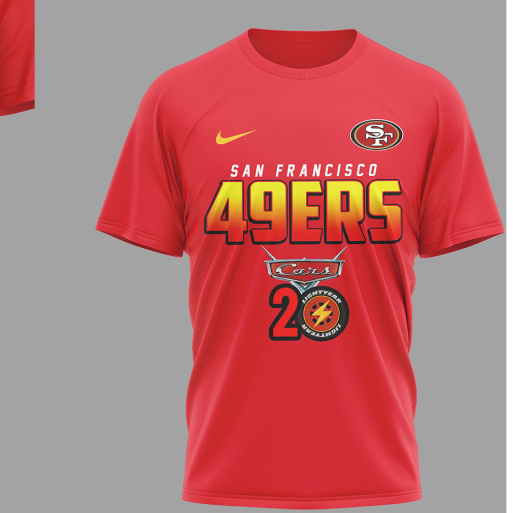 San Francisco 49ers Disney Cars 20th Anniversary Red Graphic Lightning McQueen Racing T Shirt San Francisco 49ers Disney Cars 20th Anniversary Red Graphic Lightning McQueen Racing T Shirt