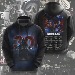 Scream 30th Anniversary Neon Ghostface Horror Movie Cast Signature Graphic Fan Hoodie Scream 30th Anniversary Neon Ghostface Horror Movie Cast Signature Graphic Fan Hoodie