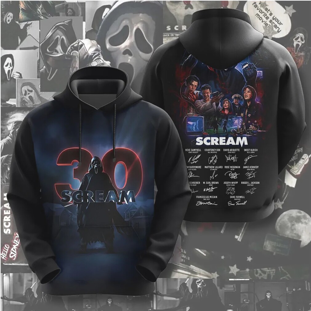 Scream 30th Anniversary Neon Ghostface Horror Movie Cast Signature Graphic Fan Hoodie Scream 30th Anniversary Neon Ghostface Horror Movie Cast Signature Graphic Fan Hoodie