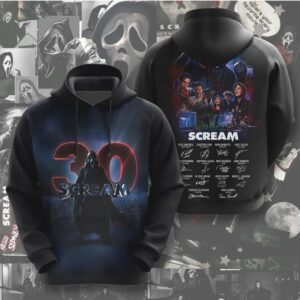 Scream 30th Anniversary Neon Ghostface Horror Movie Cast Signature Graphic Fan Hoodie