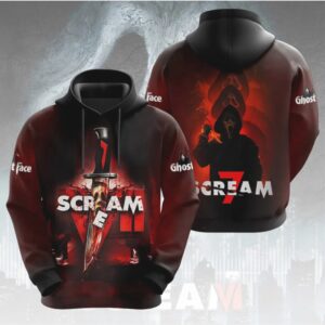 Scream 7 Blood Red Ghostface Graphic Horror Movie Slasher Fan Club Apparel Hoodie