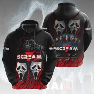 Scream 7 Double Ghostface Mask Graphic Blood Red Slasher Film Fan Gear Hoodie