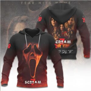 Scream 7 Flaming Ghostface Mask Horror Movie Cast Signature Graphic Hoodie Scream 7 Flaming Ghostface Mask Horror Movie Cast Signature Graphic Hoodie