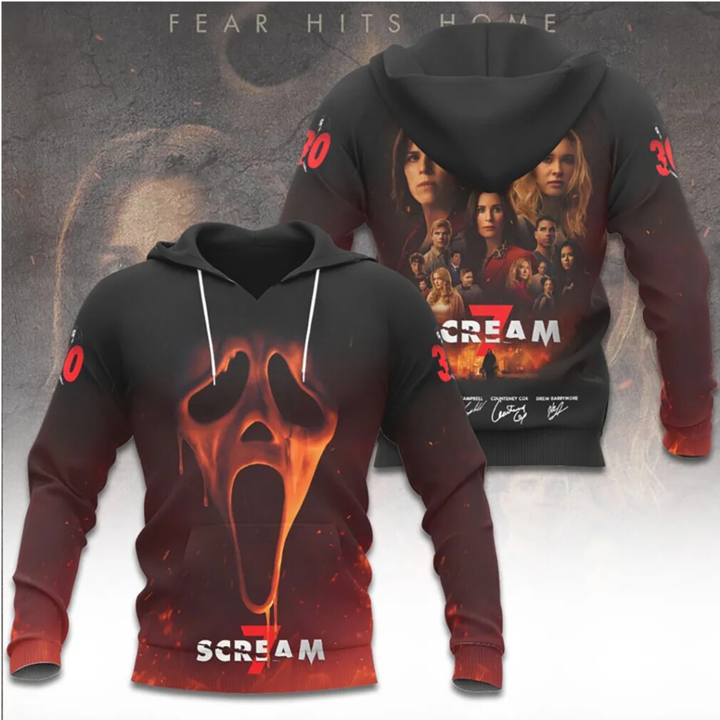 Scream 7 Flaming Ghostface Mask Horror Movie Cast Signature Graphic Hoodie Scream 7 Flaming Ghostface Mask Horror Movie Cast Signature Graphic Hoodie