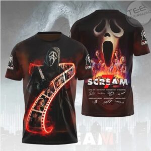Scream 7 Horror Movie Ghostface Film Strip Graphic Print T Shirt
