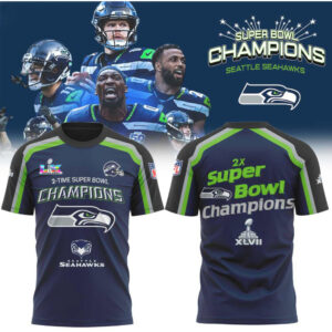 Seattle Seahawks 2 Time Super Bowl Champions Trophy History Graphic T Shirt