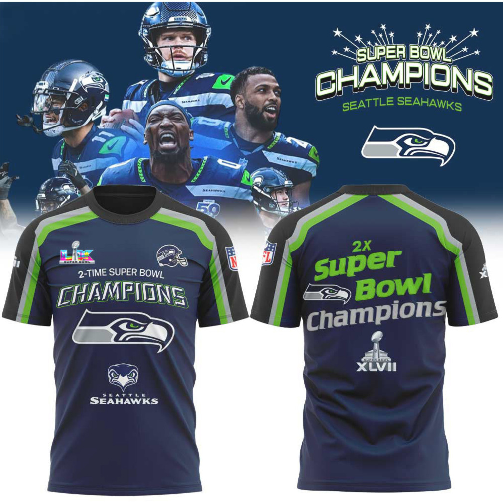 Seattle Seahawks 2 Time Super Bowl Champions Trophy History Graphic T Shirt Seattle Seahawks 2 Time Super Bowl Champions Trophy History Graphic T Shirt