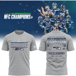Seattle Seahawks 2025 NFC Champions Metallic Gold Logo Heritage Football Fan T Shirt Seattle Seahawks 2025 NFC Champions Metallic Gold Logo Heritage Football Fan T Shirt