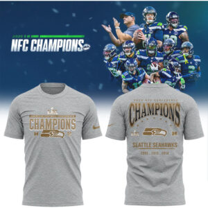 Seattle Seahawks 2025 NFC Champions Metallic Gold Logo Heritage Football Fan T Shirt