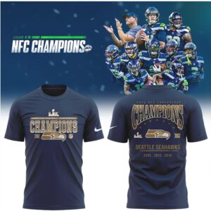 Seattle Seahawks 2025 NFC Champions Metallic Gold Logo Heritage Football Fan T Shirt