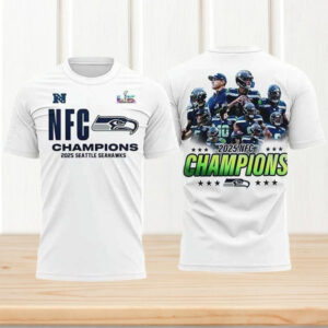 Seattle Seahawks 2025 NFC Champions Super Bowl LIX Quest White Graphic Football Shirt Seattle Seahawks 2025 NFC Champions Super Bowl LIX Quest White Graphic Football Shirt