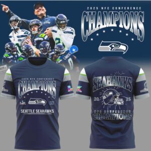 Seattle Seahawks 2025 NFC Conference Champions Metallic Silver Graphic Football T Shirt Seattle Seahawks 2025 NFC Conference Champions Metallic Silver Graphic Football T Shirt