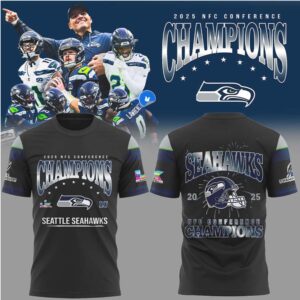 Seattle Seahawks 2025 NFC Conference Champions Metallic Silver Graphic Football T Shirt