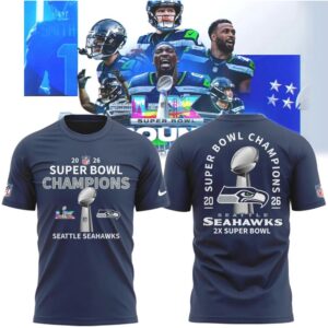 Seattle Seahawks 2X Super Bowl Champions 2026 Trophy History Black Fan T Shirt Seattle Seahawks 2X Super Bowl Champions 2026 Trophy History Black Fan T Shirt