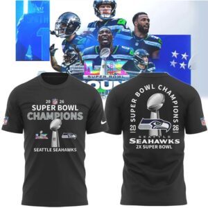 Seattle Seahawks 2X Super Bowl Champions 2026 Trophy History Black Fan T Shirt