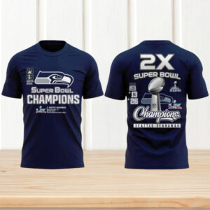 Seattle Seahawks 2X Super Bowl Champions Navy Blue Commemorative T Shirt Seattle Seahawks 2X Super Bowl Champions Navy Blue Commemorative T Shirt