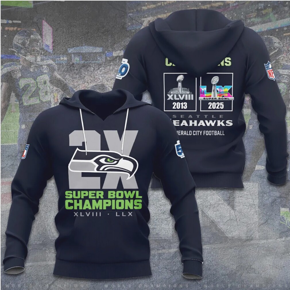 Seattle Seahawks 2X Super Bowl Champions XLVIII LLX Navy Fan Hoodie Seattle Seahawks 2X Super Bowl Champions XLVIII LLX Navy Fan Hoodie