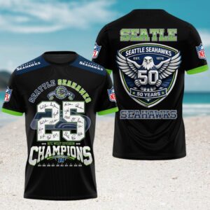 Seattle Seahawks 50 Years Anniversary Commemorative Signature Champions Performance Graphic T Shirt