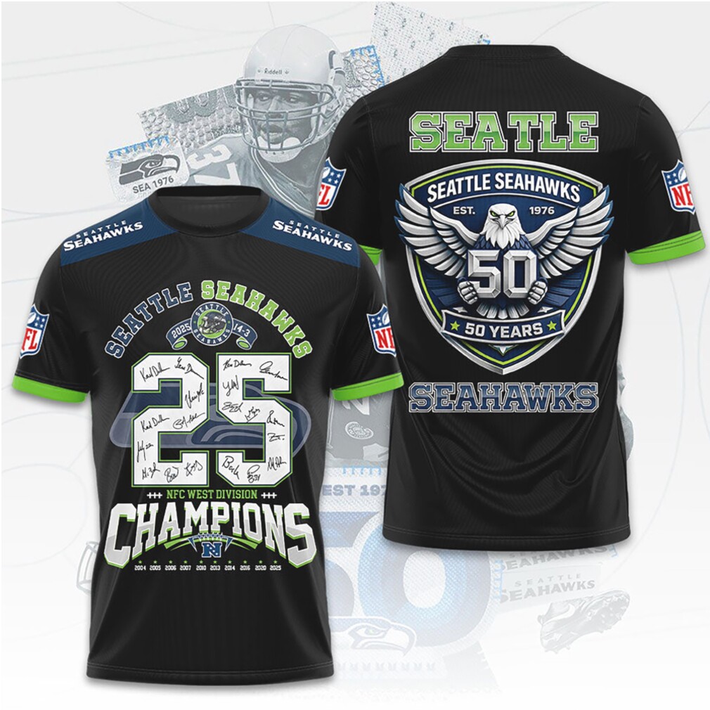Seattle Seahawks 50 Years Anniversary NFC West Division Champions Signature Congrats Gift T Shirt Seattle Seahawks 50 Years Anniversary NFC West Division Champions Signature Congrats Gift T Shirt