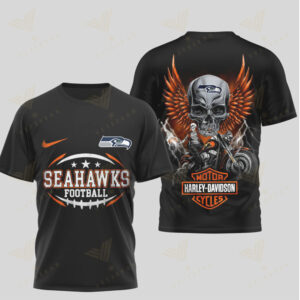 Seattle Seahawks Harley Davidson Skull Motorcycle Rider Football Fan Heritage Black T Shirt