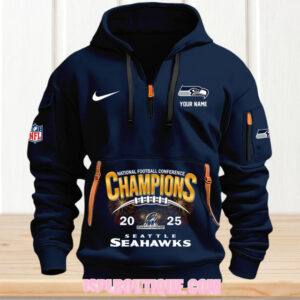 Seattle Seahawks NFC Champions 2025 National Football Conference Navy Half Zip Hoodie Seattle Seahawks NFC Champions 2025 National Football Conference Navy Half Zip Hoodie