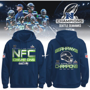 Seattle Seahawks NFC Champions 4 Time Winner Helmet Graphic Navy Blue Fan Hoodie