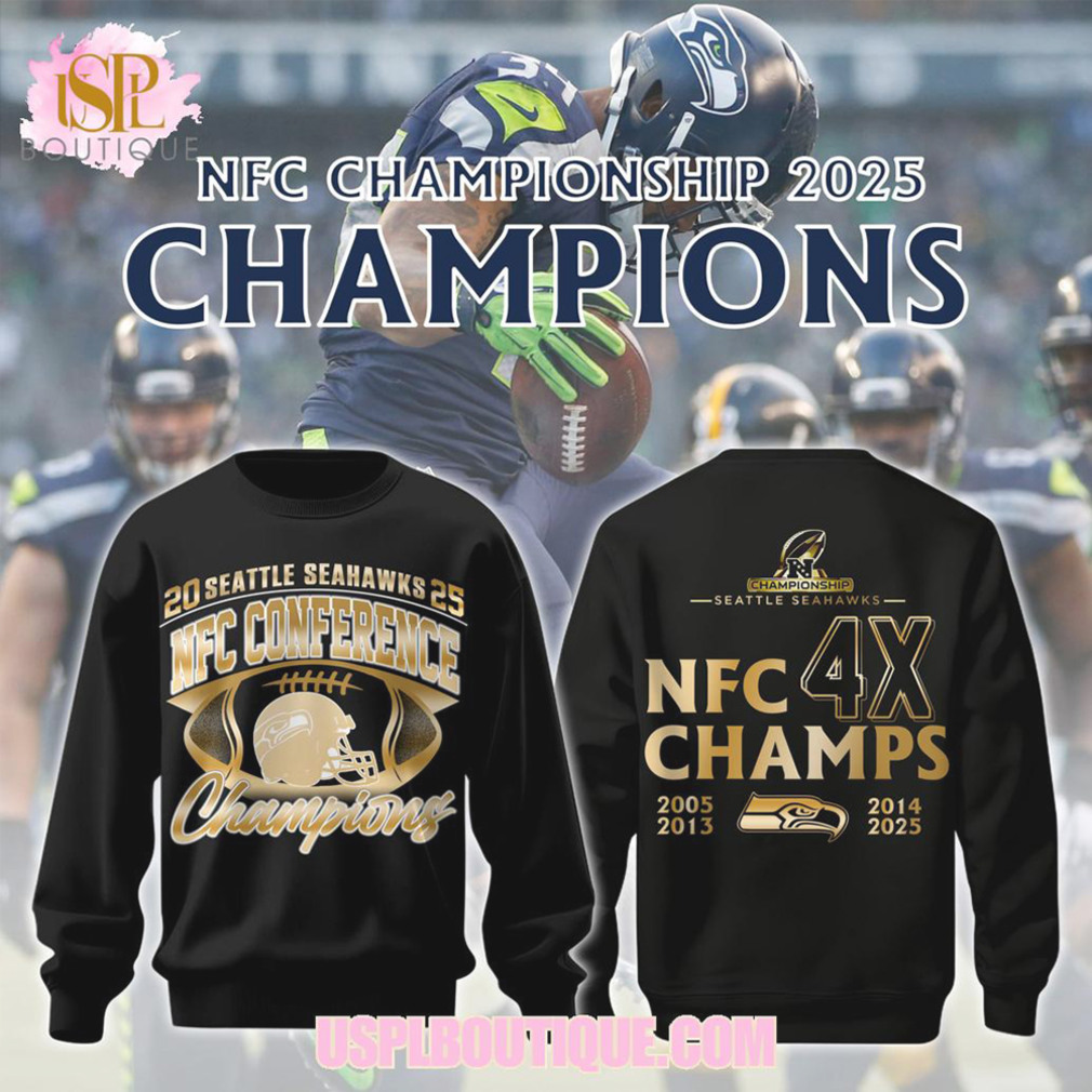 Seattle Seahawks NFC Championship 2025 4X Champs Gold Logo Football T Shirt Hoodie Seattle Seahawks NFC Championship 2025 4X Champs Gold Logo Football T Shirt Hoodie