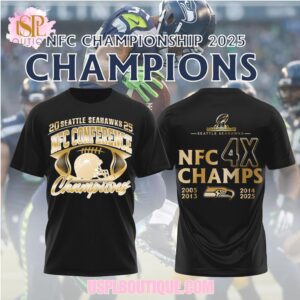 Seattle Seahawks NFC Championship 2025 4X Champs Gold Logo Football T Shirt Hoodie