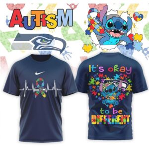 Seattle Seahawks Stitch Autism Awareness It's Okay To Be Different Navy Football Shirt