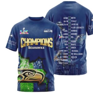 Seattle Seahawks Super Bowl Champions Roster Name List Navy Blue Fan T Shirt