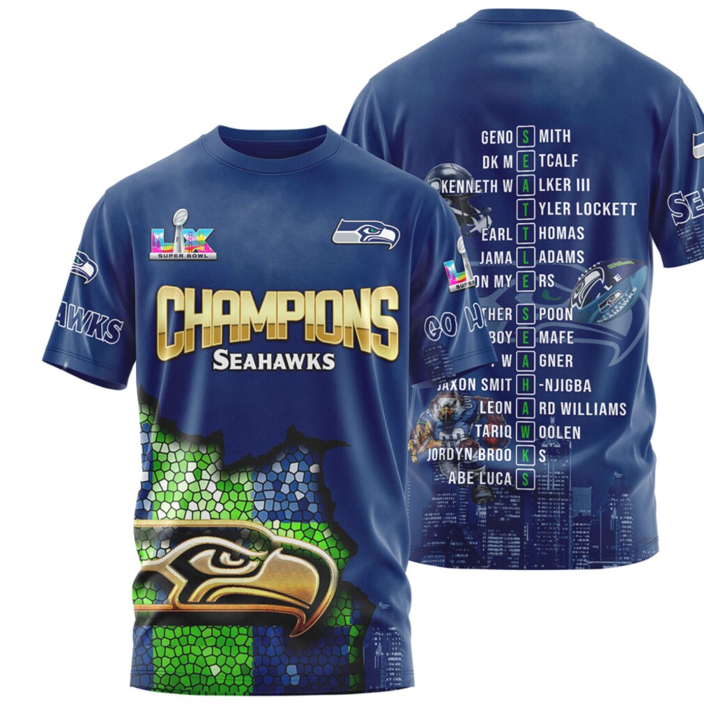 Seattle Seahawks Super Bowl Champions Roster Name List Navy Blue Fan T Shirt Seattle Seahawks Super Bowl Champions Roster Name List Navy Blue Fan T Shirt