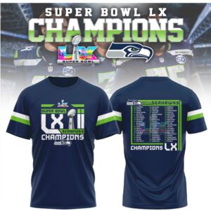 Seattle Seahawks Super Bowl LX Champions 2026 Complete Roster List Navy T Shirt