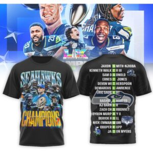 Seattle Seahawks Super Bowl LX Champions 2026 Roster List Graphic Fan T Shirt Seattle Seahawks Super Bowl LX Champions 2026 Roster List Graphic Fan T Shirt