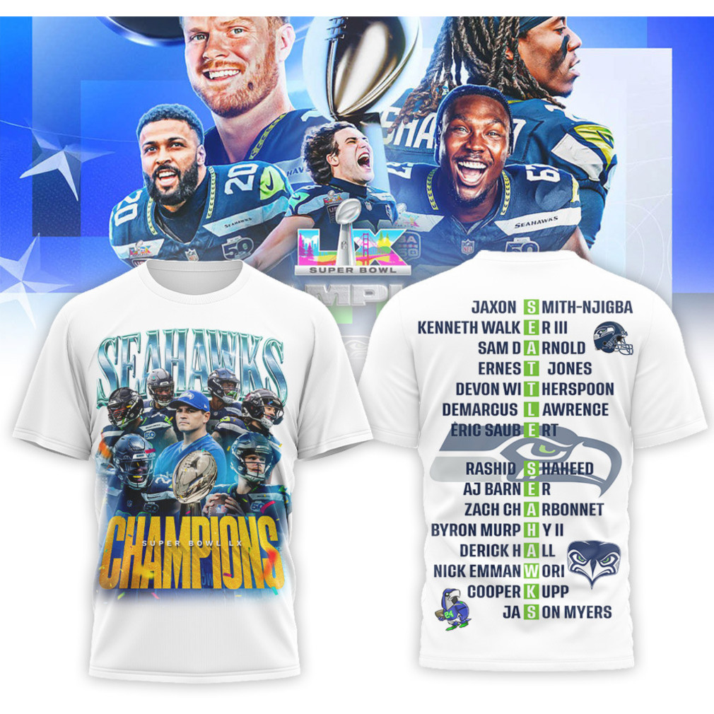 Seattle Seahawks Super Bowl LX Champions 2026 Roster List Graphic Fan T Shirt Seattle Seahawks Super Bowl LX Champions 2026 Roster List Graphic Fan T Shirt