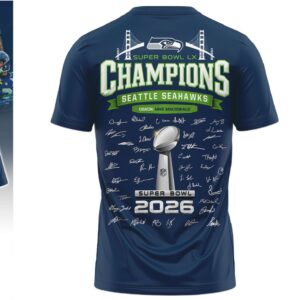 Seattle Seahawks Super Bowl LX Champions 2026 Roster Signatures Graphic Shirt Seattle Seahawks Super Bowl LX Champions 2026 Roster Signatures Graphic Shirt