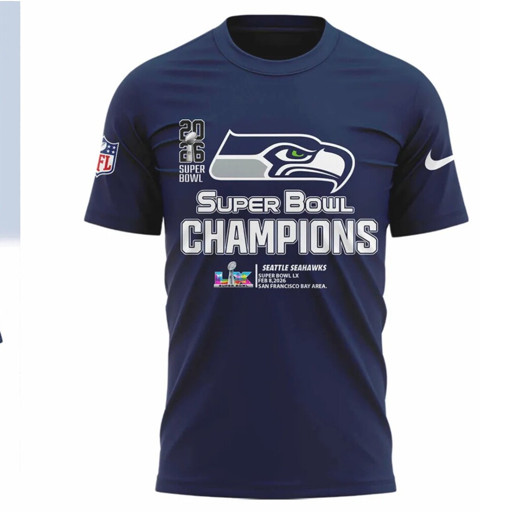 Seattle Seahawks Super Bowl LX Champions 2026 Trophy History Navy Fan T Shirt Seattle Seahawks Super Bowl LX Champions 2026 Trophy History Navy Fan T Shirt